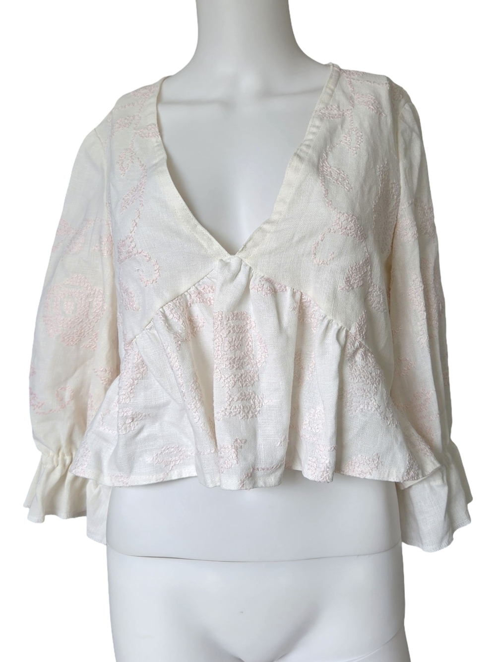 Handmade Peasant Blouse Needlepoint Embroidered Floral Linen Cropped Womens